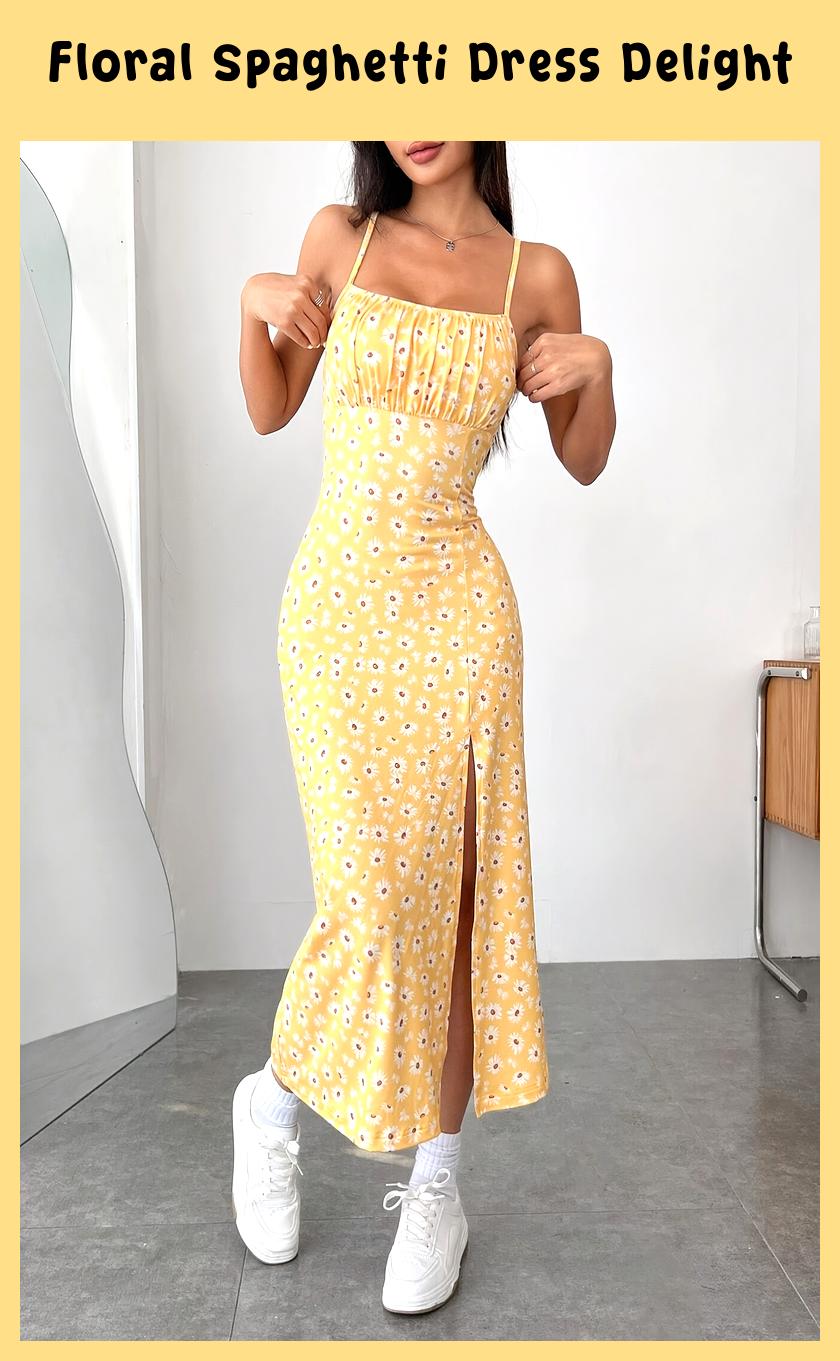 Floral Spaghetti Suspender Dress – Mid-Length with Slit Hem & Chest Ruching, Perfect for Spring/Summer Vacations!