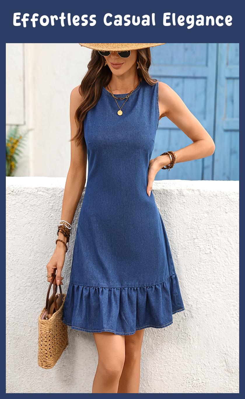 Morin Sleeveless Midi Denim Dress – Ruffled Hem, Fitted Round Neck, Solid Blue, Casual Elegance