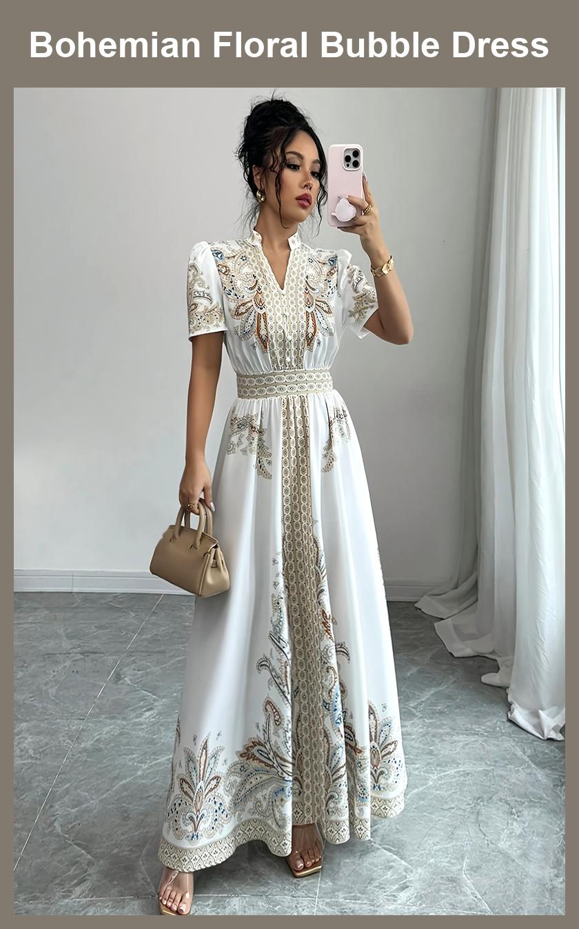 Bohemian Floral Print Bubble Sleeve Dress