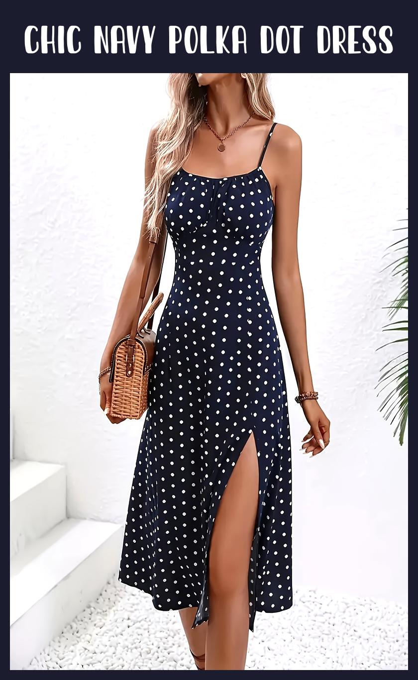 Chic Navy Polka Dot Midi Dress with Side Slit – Spaghetti Strap & Backless