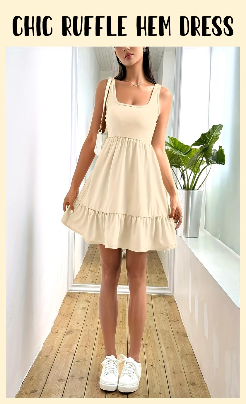Chic Off-Shoulder Ruffle Hem Dress – Dark Blue, Perfect for Vacay & Casual Outings