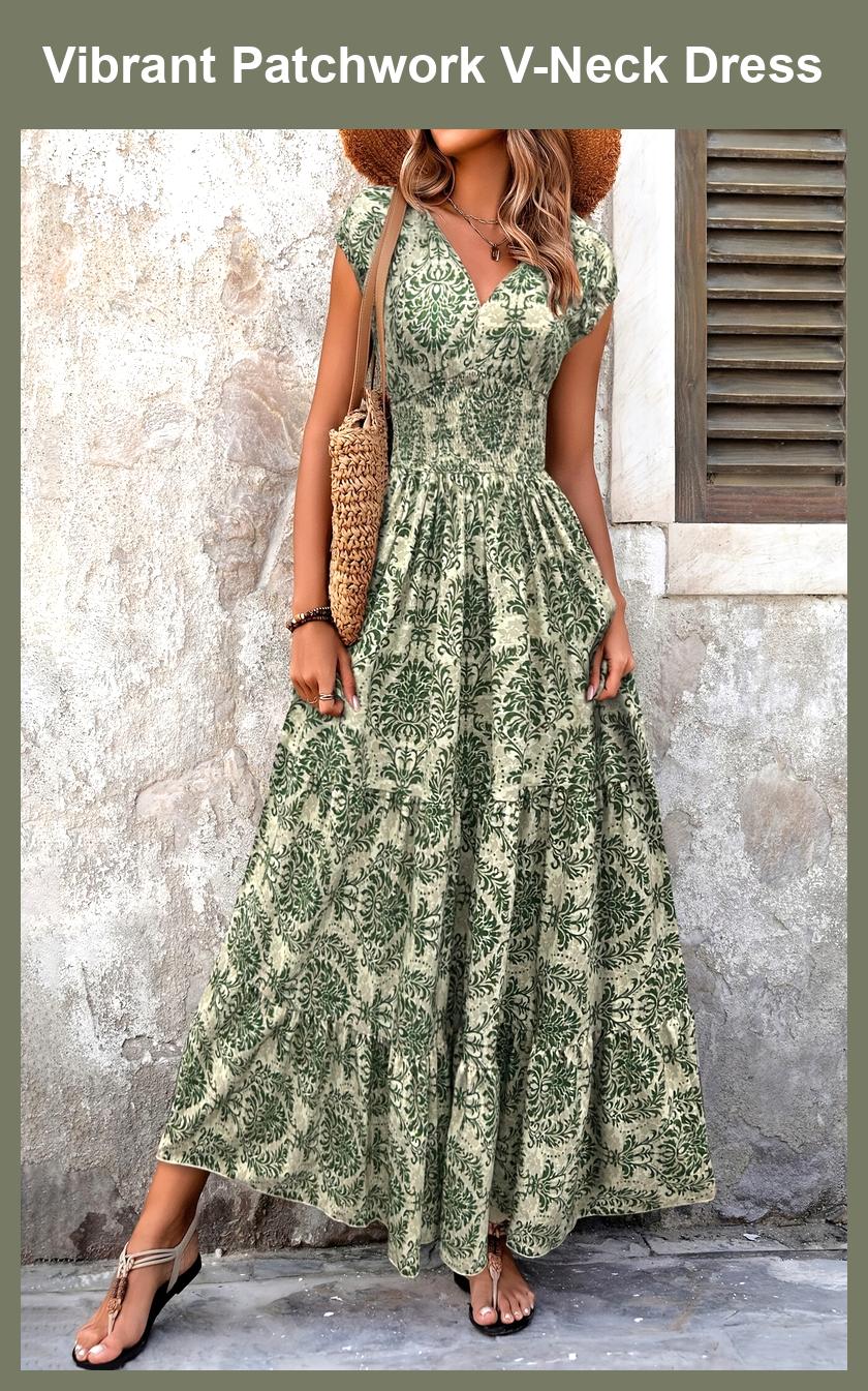 Spring/Summer Printed Patchwork V-Neck Dress from Evening Mist