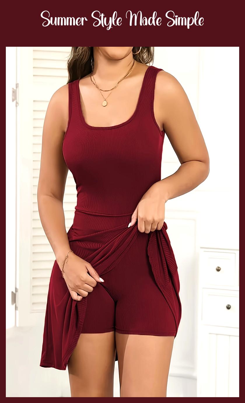Summer Solid Color Tank Dress with Built-In Bodysuit & Pockets