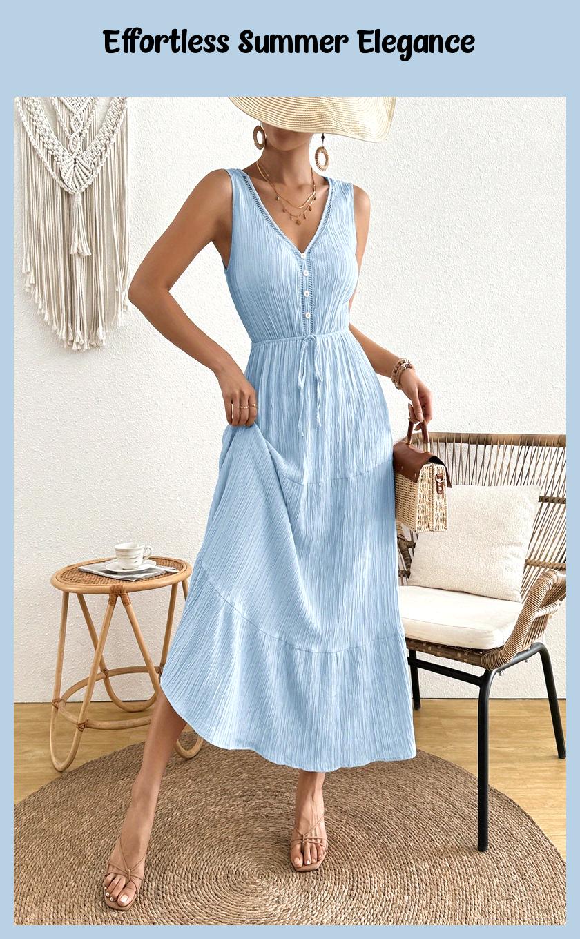 Summer V-Neck Sleeveless A-Line Dress – Lightweight, Elegant, Flowy with Tiered Hem & Button Front