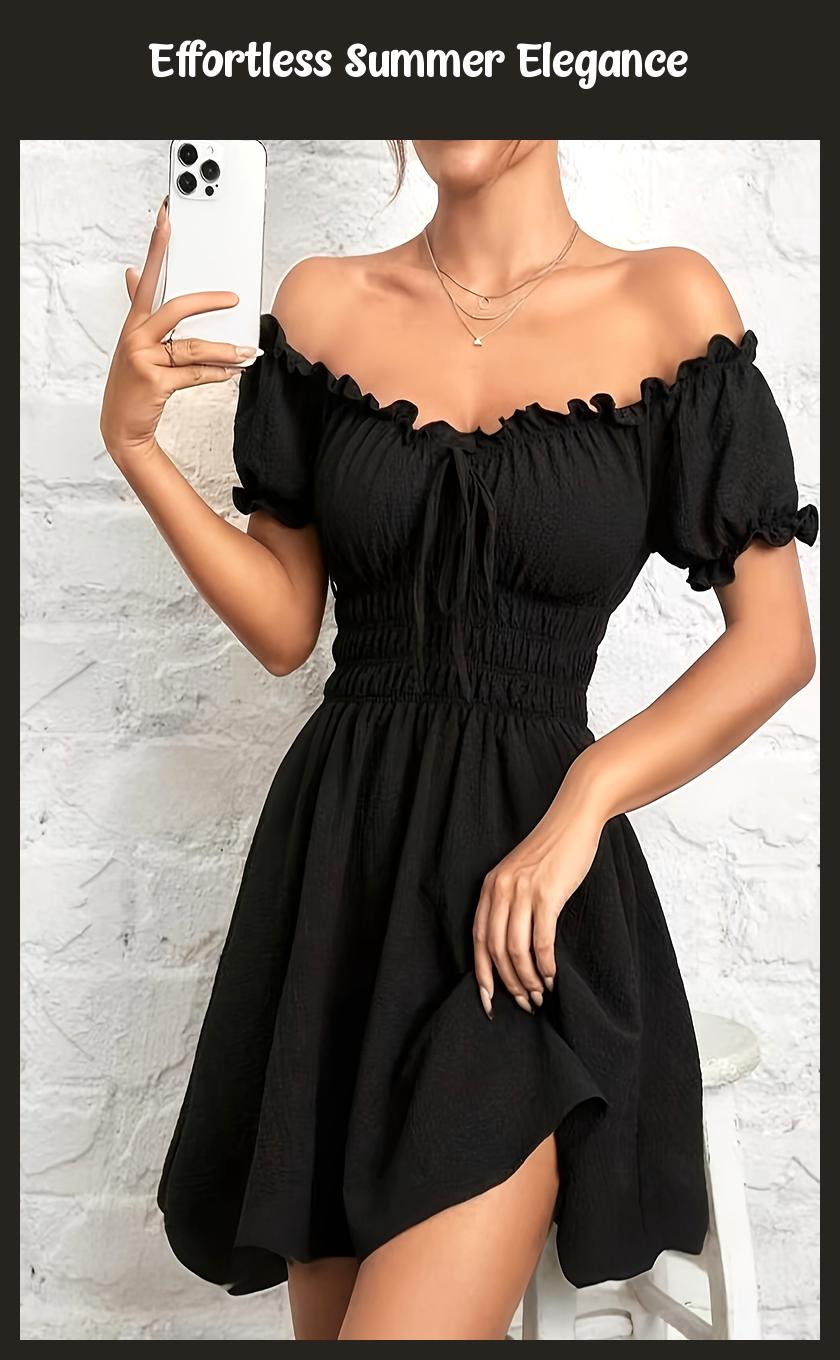 Elegant Off-Shoulder Black Ruffle Dress – Casual Summer Style
