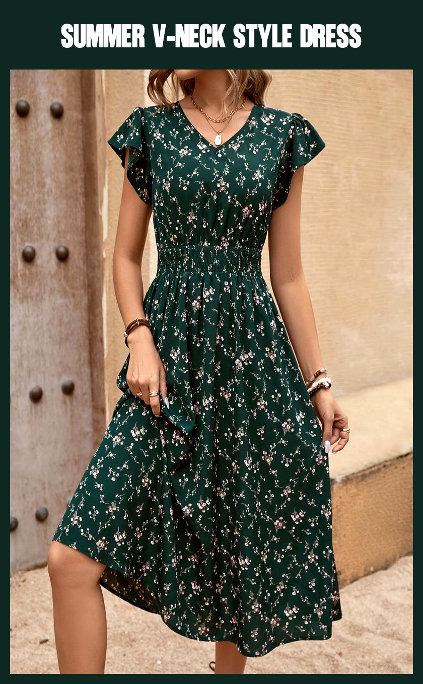Yuuji Summer Printed V-Neck Spliced Dress