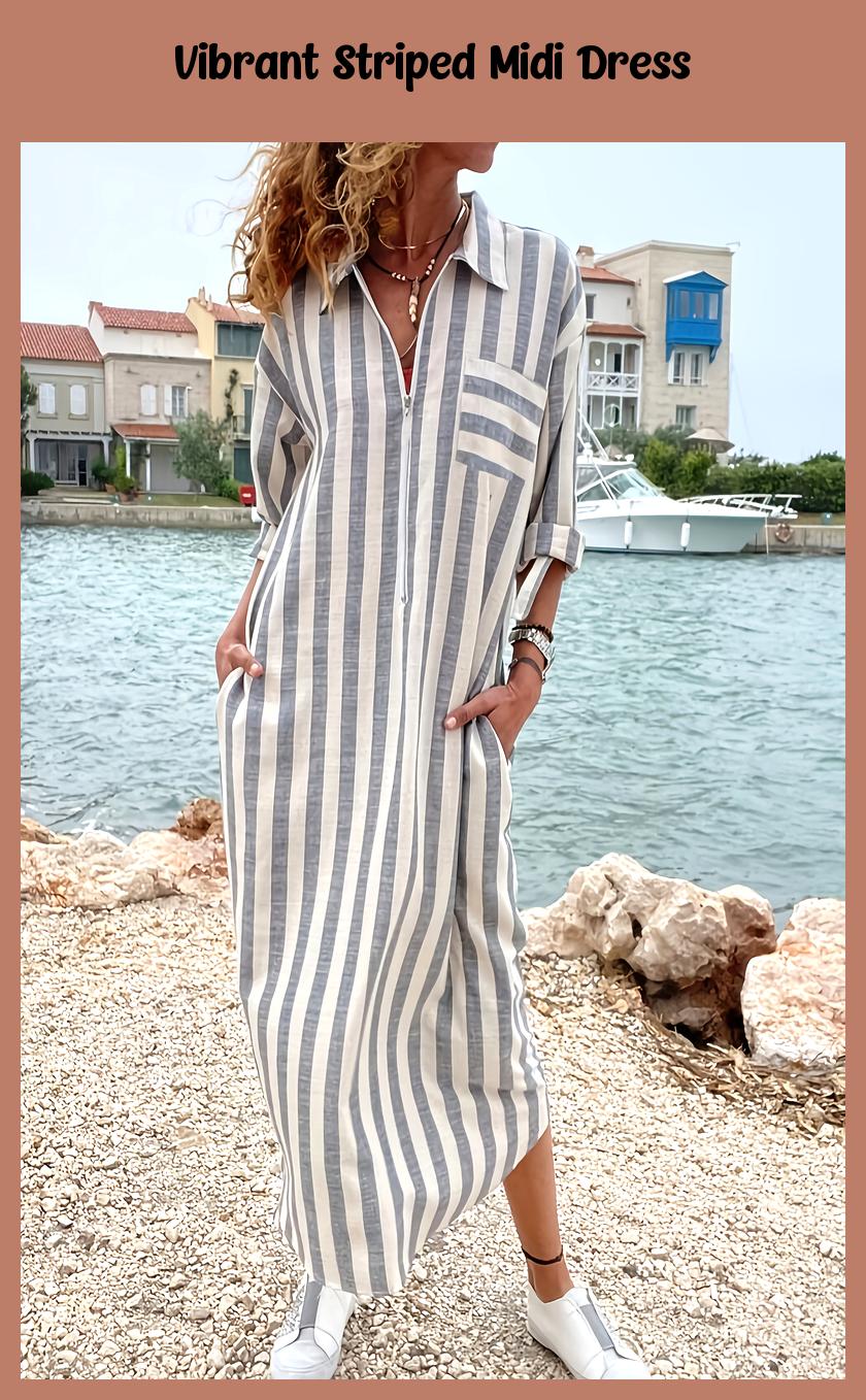 Vibrant Striped V-Neck Midi Dress – Long Sleeve, Button Front & Pockets | Perfect Spring/Summer Beachwear