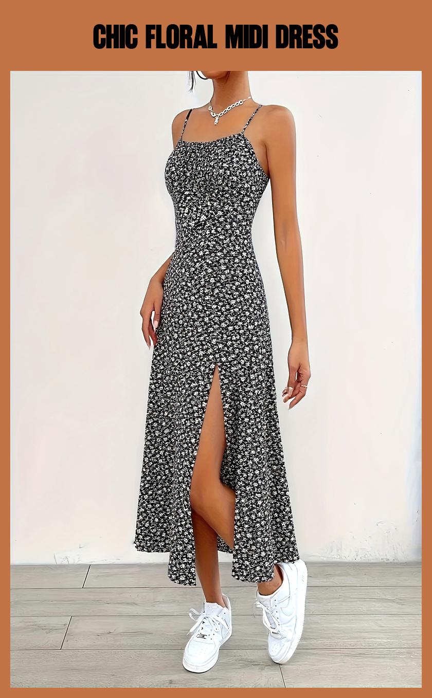 Elegant Floral Midi Dress with Spaghetti Straps & High-Low Hemline – Black & White A-Line