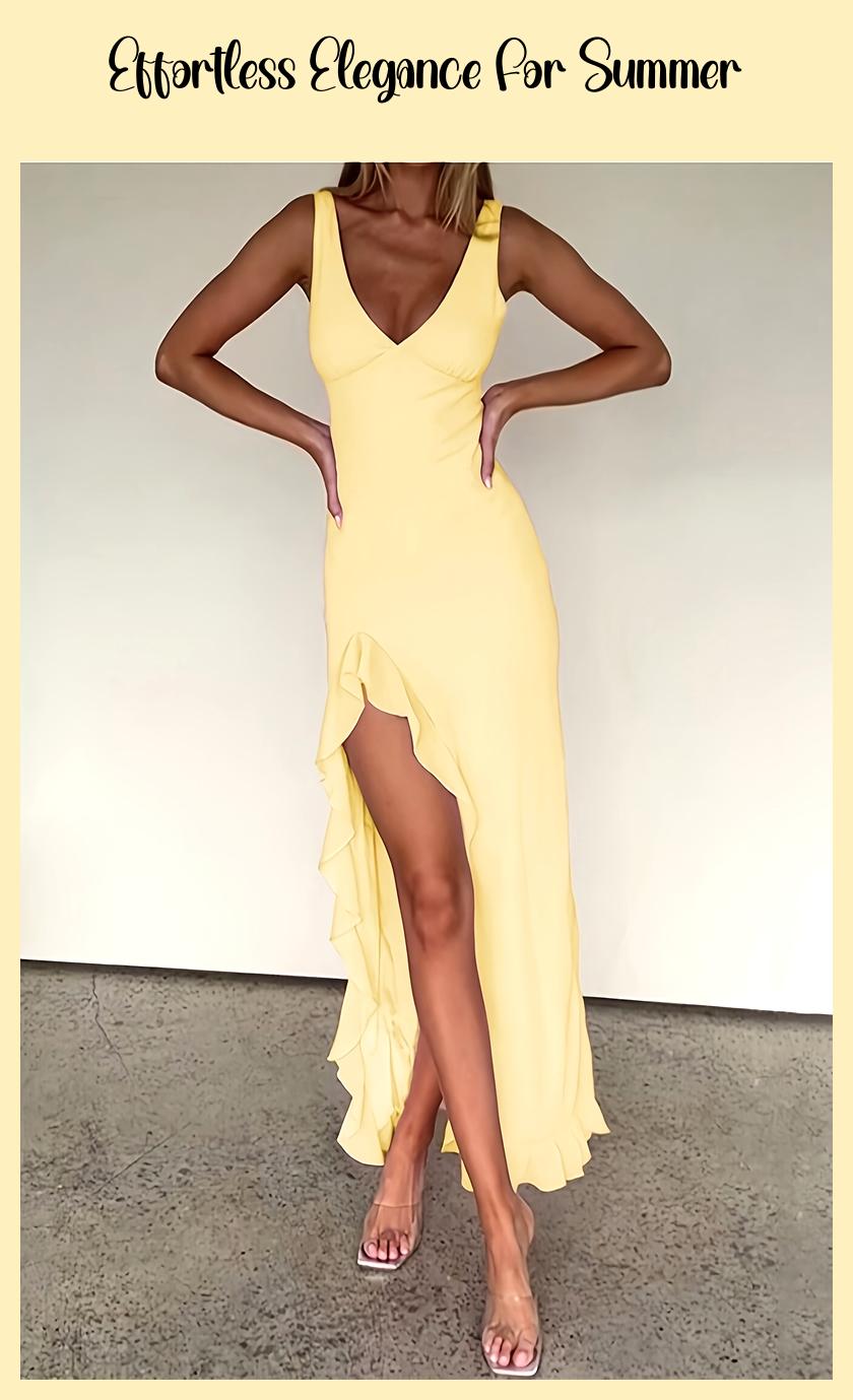 Sexy V-Neck Ruched A-Line Dress with High Thigh Slit – Elegant Long Sleeve Summer Dress for Vacation & Beach Parties