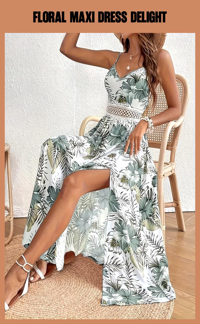 Floral Print Maxi Dress – V-Neck, High-Low Hem, White & Red Flowers, Perfect for Spring/Summer Vacations