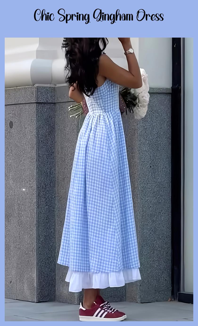 Casual Blue & White Gingham Suspender Dress – Ruffled Hem, V-Neck, Adjustable Straps for Spring/Summer