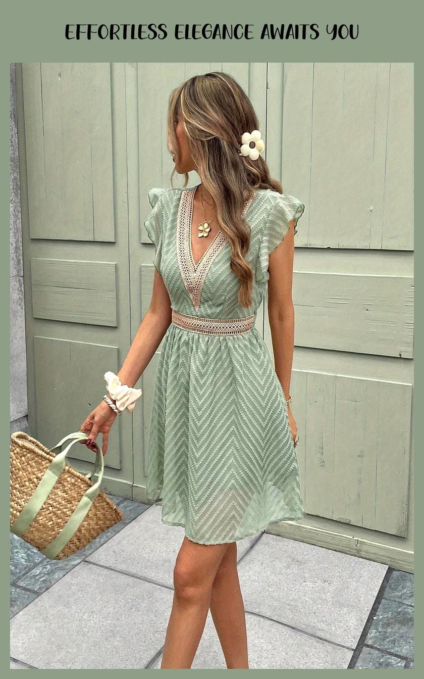 Elegant V-Neck Ruffle Midi Dress – Light Green A-Line with Cinched Waist & Tiered Skirt