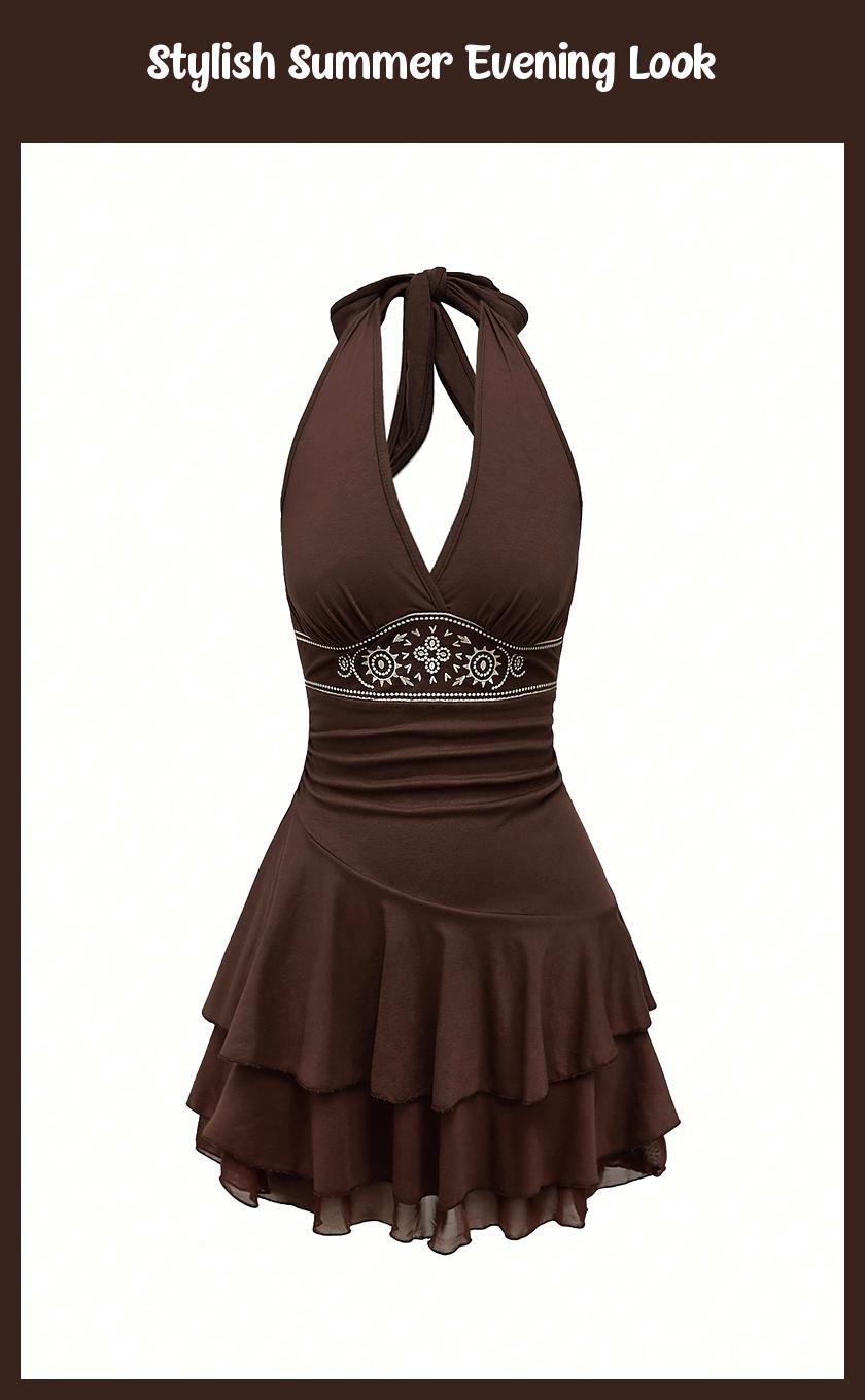 Chic Brown Halter Dress with Floral Embroidery & Backless Design – Perfect for Summer Evenings!