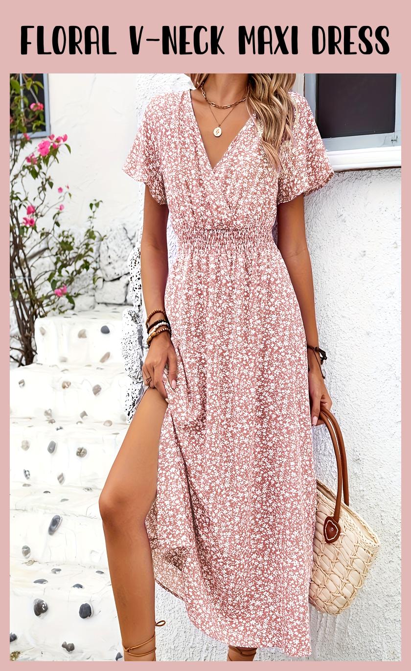 Floral Print V-Neck Maxi Dress with Batwing Sleeves & Side Slit – Lightweight Summer Style