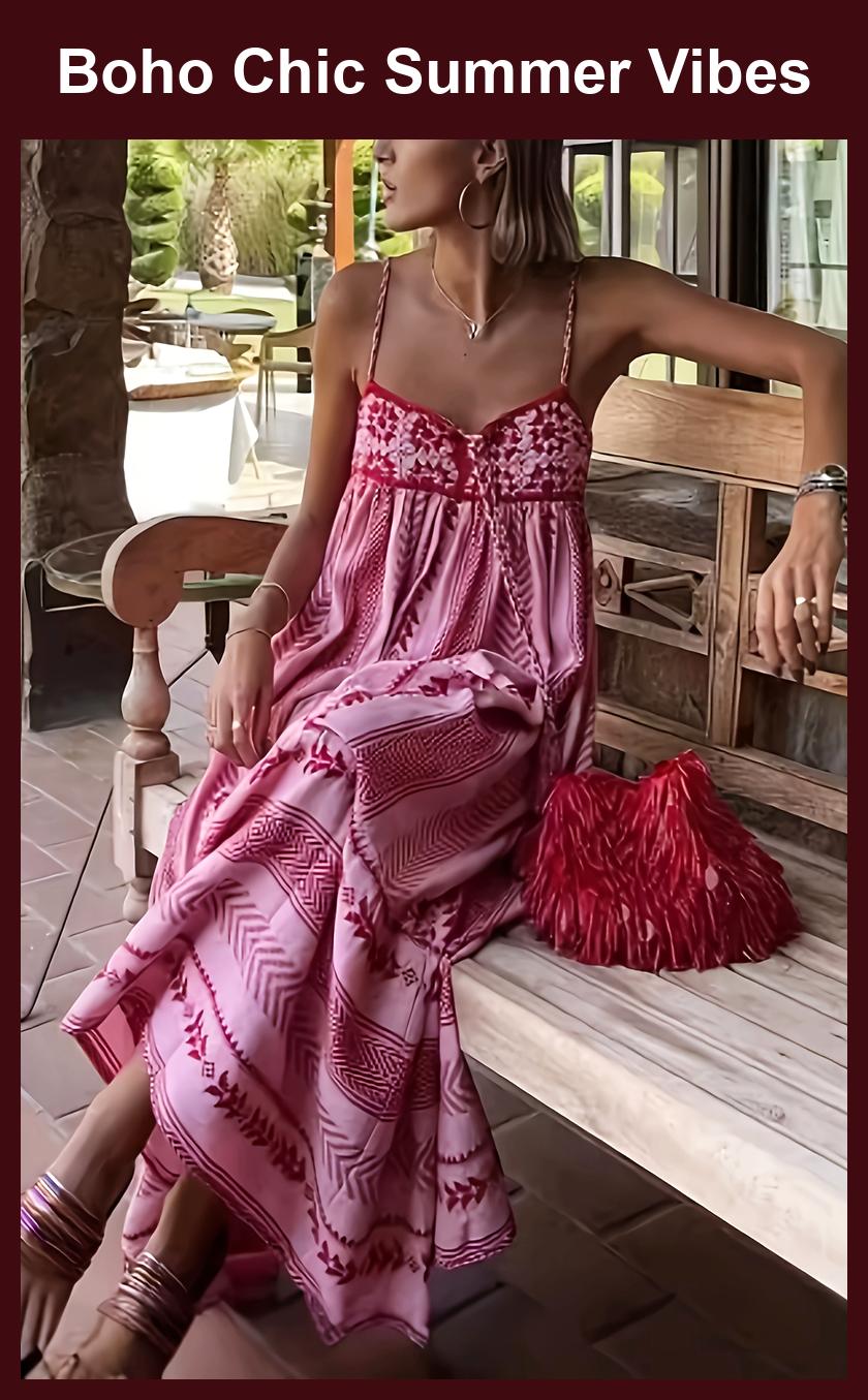 Boho Chic Pink Geometric Maxi Dress – Sleeveless V-Neck, Flowy Ruffled Hem, Perfect for Summer!