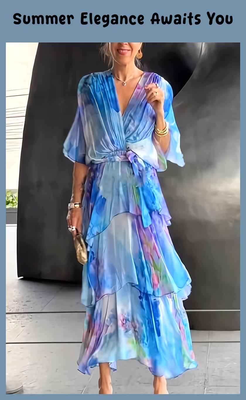 Floral Tie-Dye V-Neck Layered Maxi Dress – A-Line Tie-Waist with Ruching, Lightweight Summer Elegance