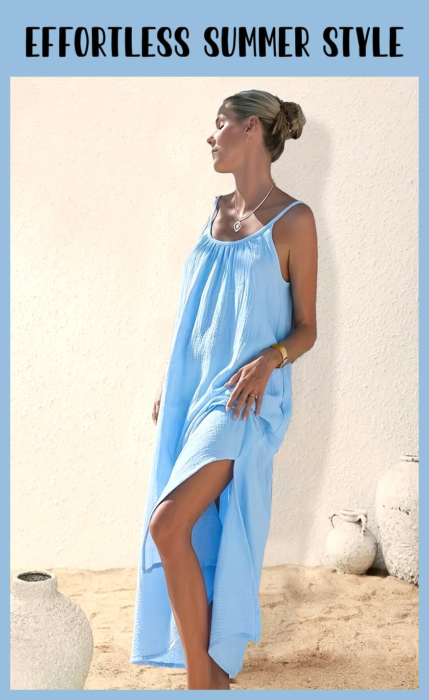 Light Blue Sleeveless Maxi Dress – Ruched, Side Slit, Perfect for Summer & Beach