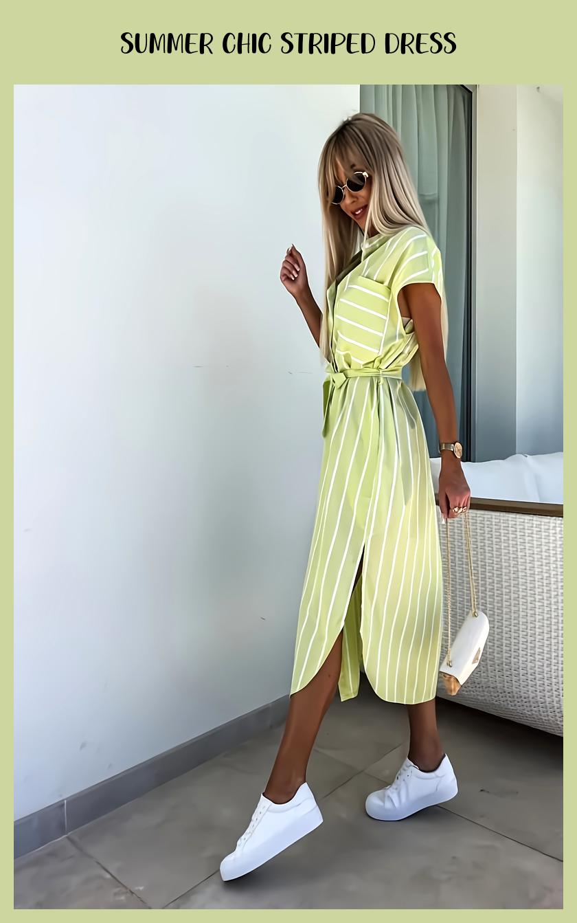 Chic Sleeveless Striped Shirting Dress – Long Length, Tie Waist, Asymmetrical Hem & Pockets – Perfect for Summer!