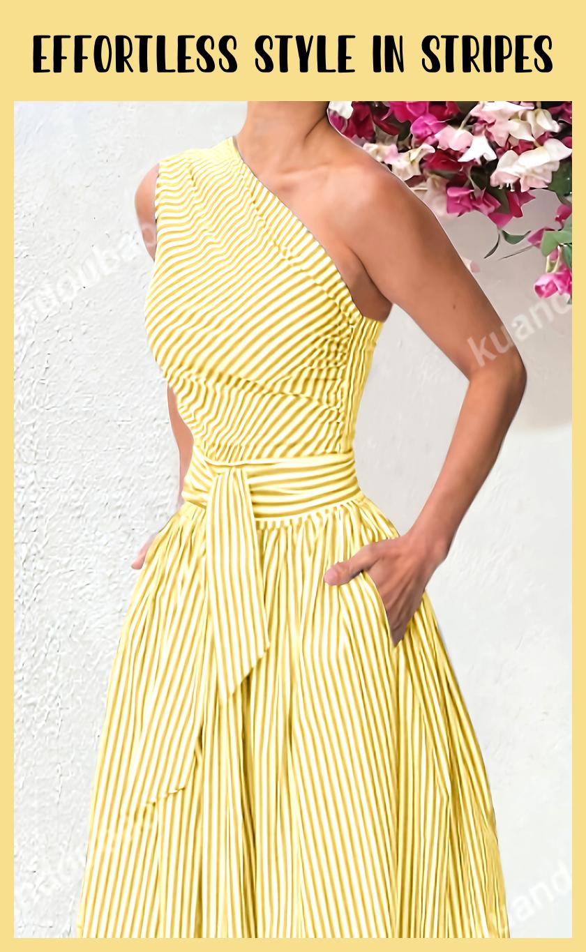 Casual Loose-Fit Striped Off-Shoulder Dress with Belt – Green & White