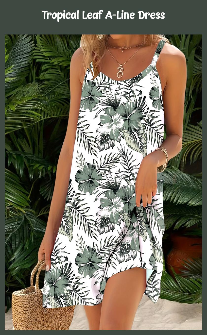 Tropical Leaf Print A-Line Dress – Lightweight & Stretchy for Spring/Summer Beachwear