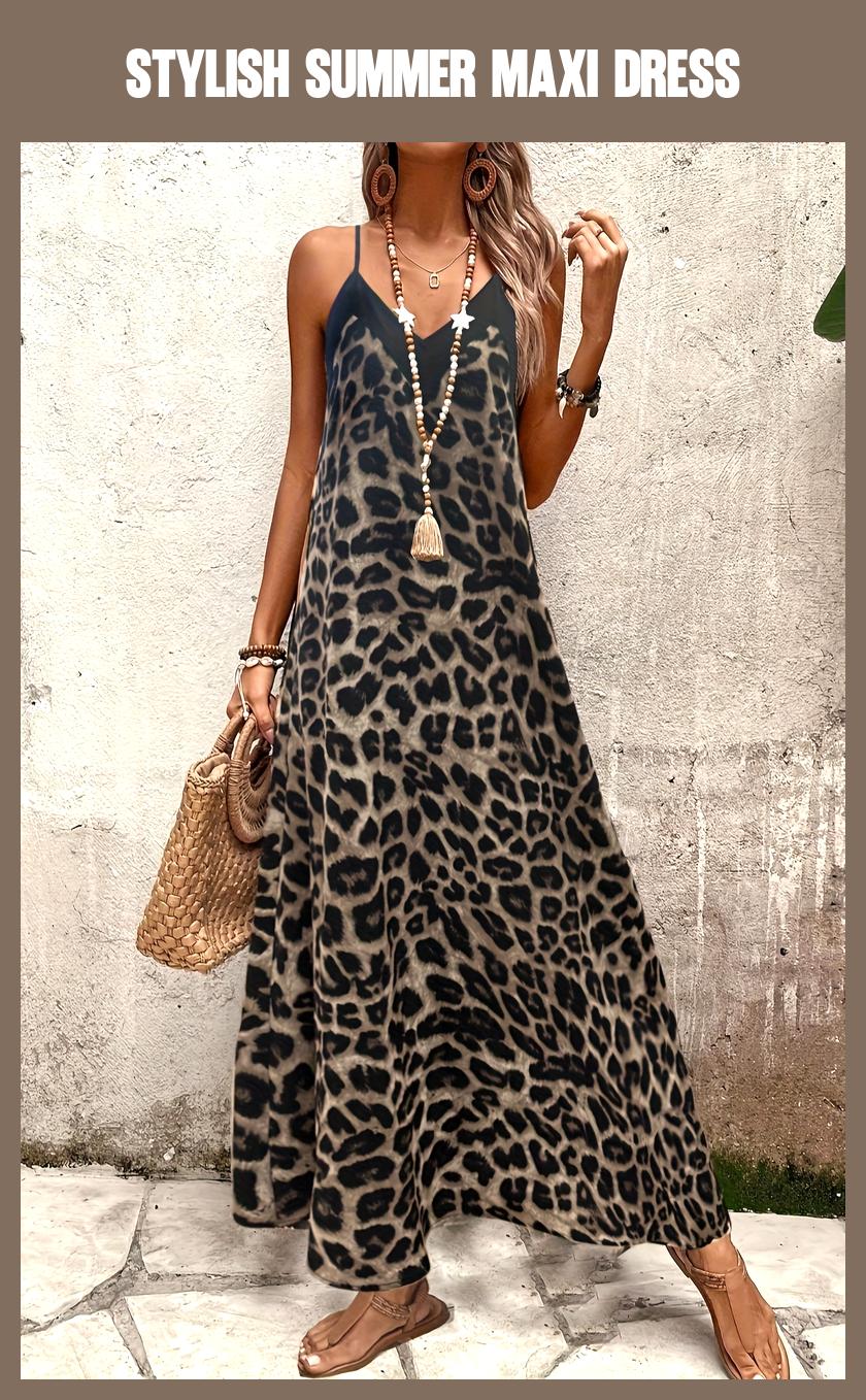 Elegant Leopard Print Maxi Dress – Sleeveless V-Neck, Flowy A-Line, Black & Brown, Perfect for Summer