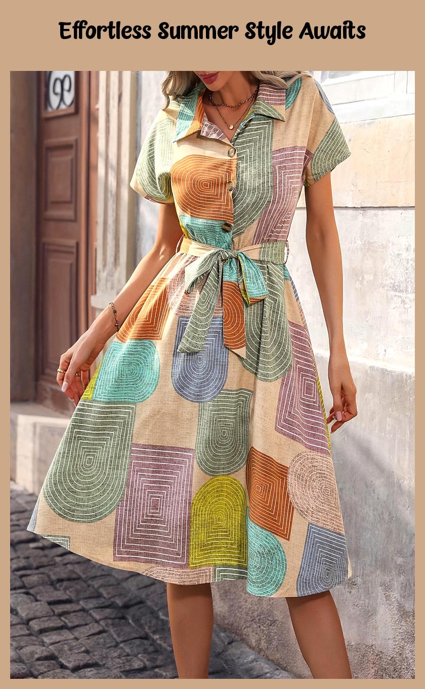 Summer Casual Pola Print Maxi Dress with Belt – Short Sleeve, Geometric Pattern