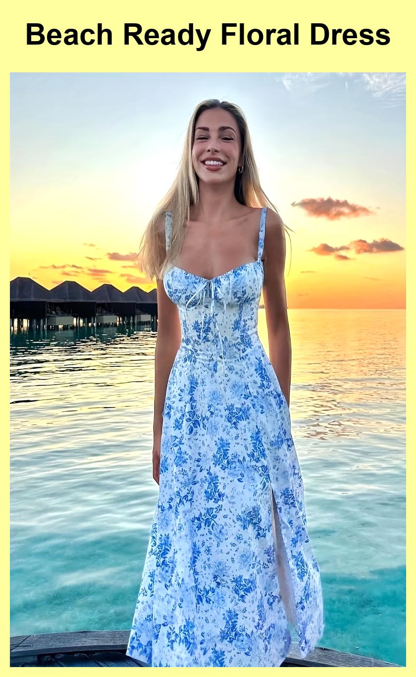 Elegant Floral Spaghetti Strap A-Line Dress with Tie Detail – Perfect for Beach Vacations & Casual Outings!