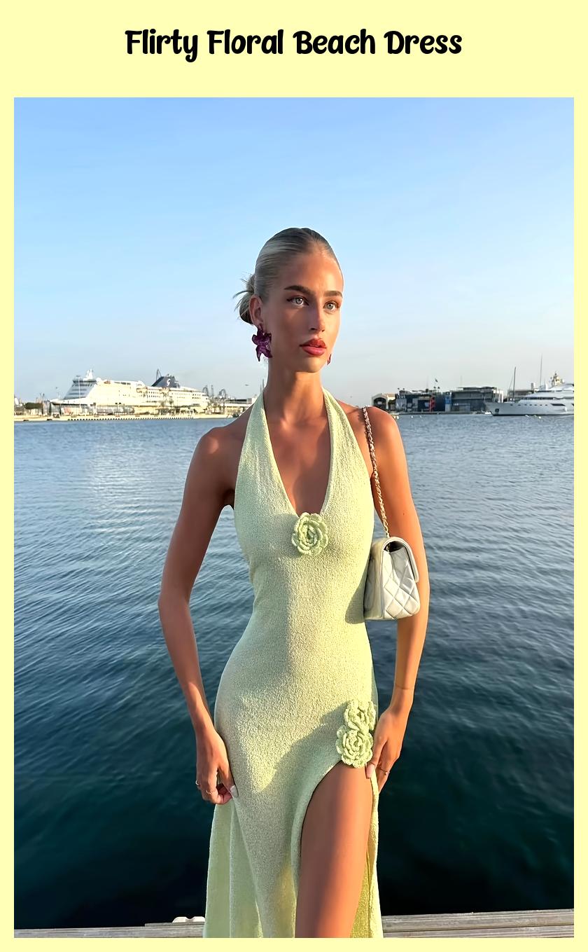 Deep V-Neck Backless Maxi Dress with High Slit & Floral Accents – Sexy Beach Style for Summer