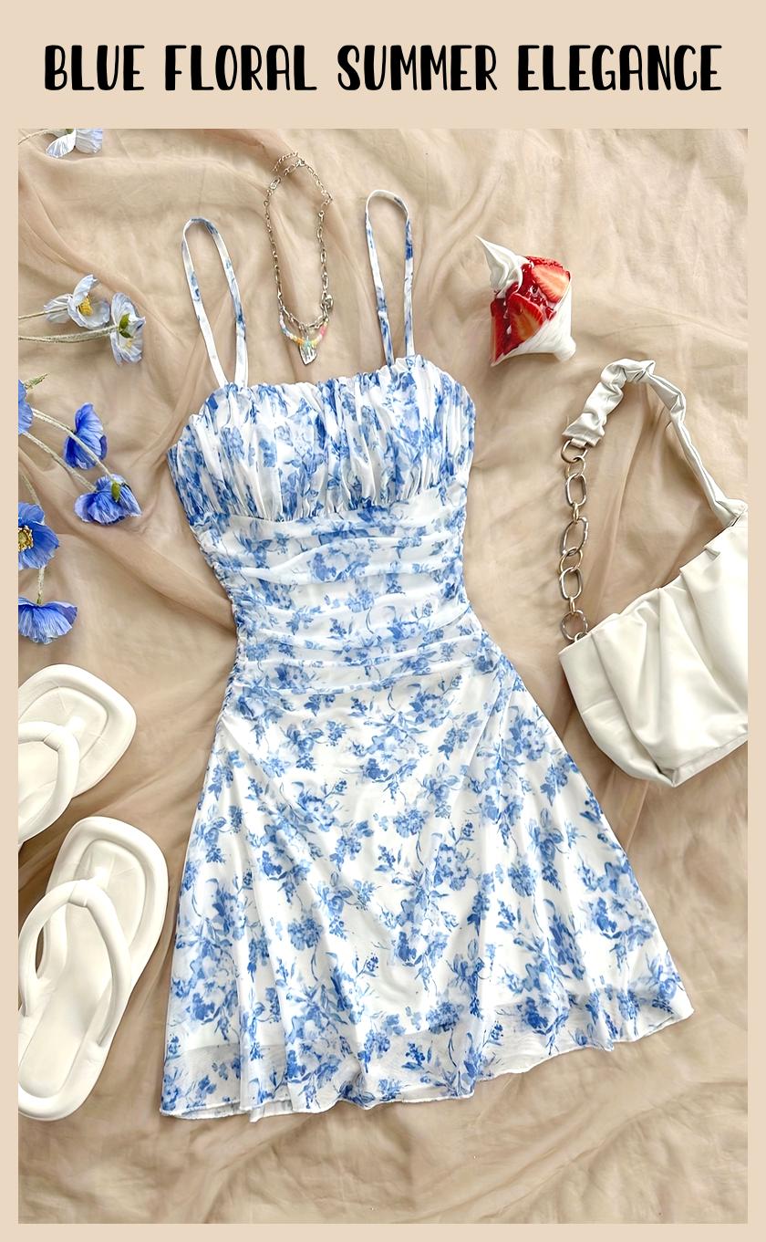 Elegant Blue Floral Backless Summer Dress – Sleeveless Ruffle Hem for Beach & Casual Outings