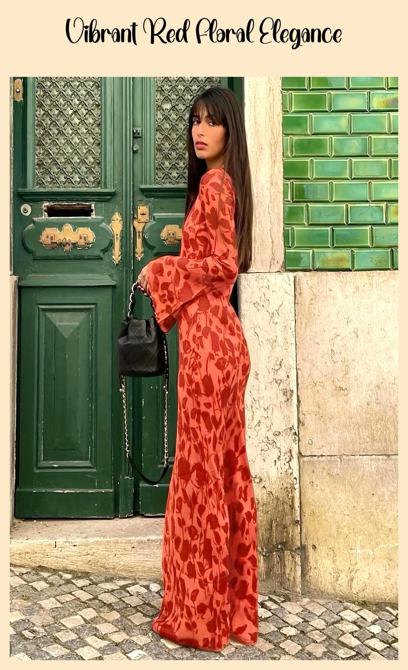 Elegant Floral Print Maxi Dress – Vibrant Red & White, Long Sleeve Casual Chic for Spring/Summer